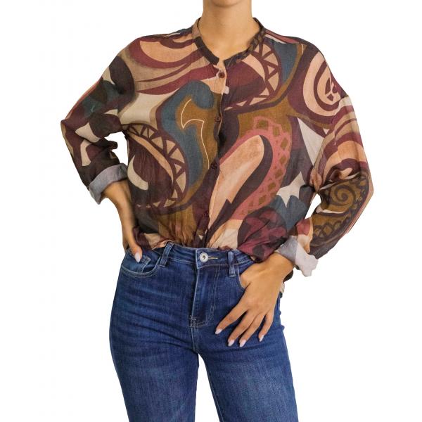 Camicia fantasia con collo alla coreana 